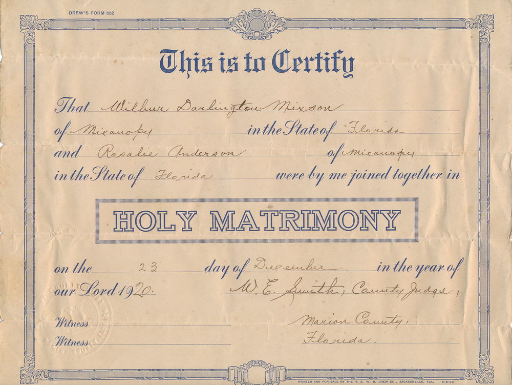 Wilbur and Rosalie Marriage Certificate
