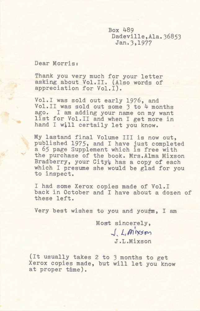 Letter from John Leslie Mixson