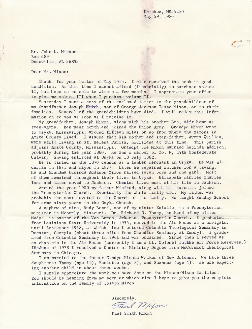 Letter from Paul Smith Mixon to John Leslie Mixson