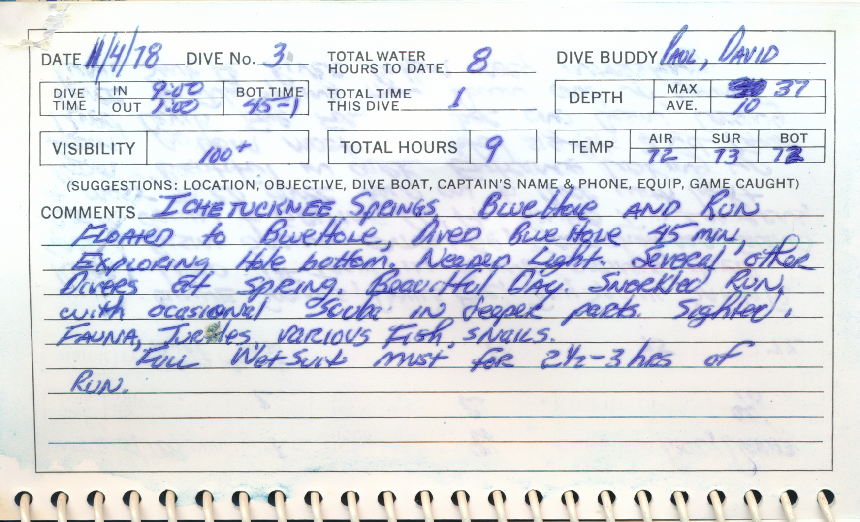 Dive Log Page