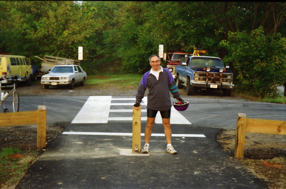 Dennis standing proudly by the post in the middle of the path that he ran into while riding his bike. He didn’t see it, he said. No harm done.