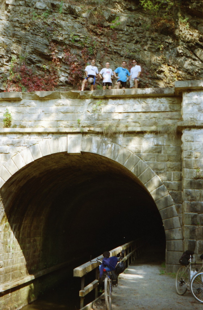 The four of us atop the tunnel exit arch.