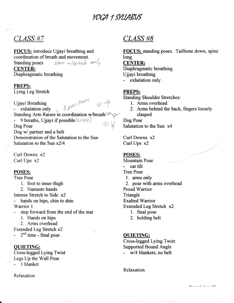 Yoga 1 class 8 handout sheet for the class. Following are my notes from observing the class