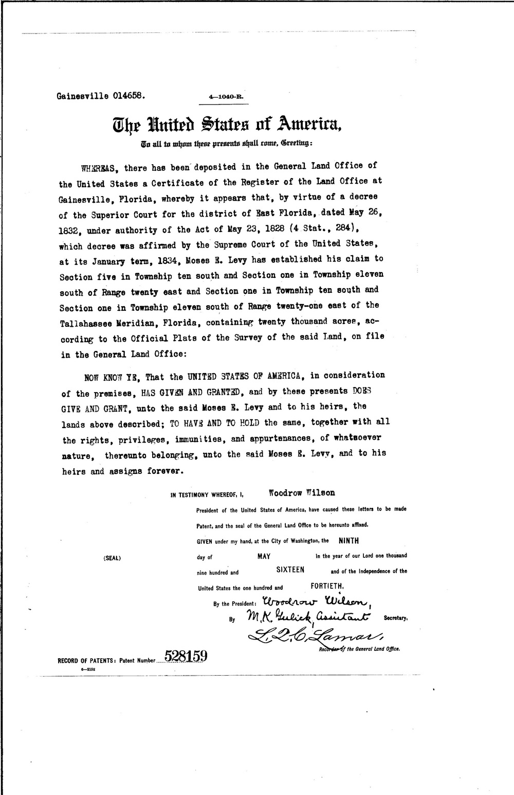 Moses Levy Land Settlement